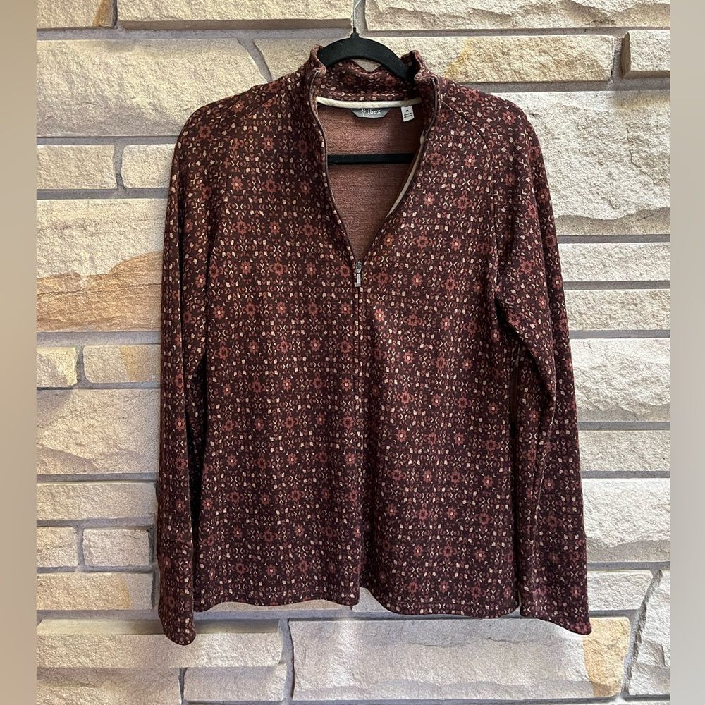 Ibex Juliet 100% Merino Wool Cardigan Zip Sweater Brown Print Medium - Picture 4 of 13
